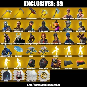 256 SKINS + RENEGADE RAIDER + RAIDERS REVENGE + BLACK KNIGHT + LEVIATHAN AXE + FRESH +T AKE THE L + MAKO + OMEGA(STAGE 5) + ROYALE LNIGHT + BLUE SQUIRE + CHUN-LI + FLOSS